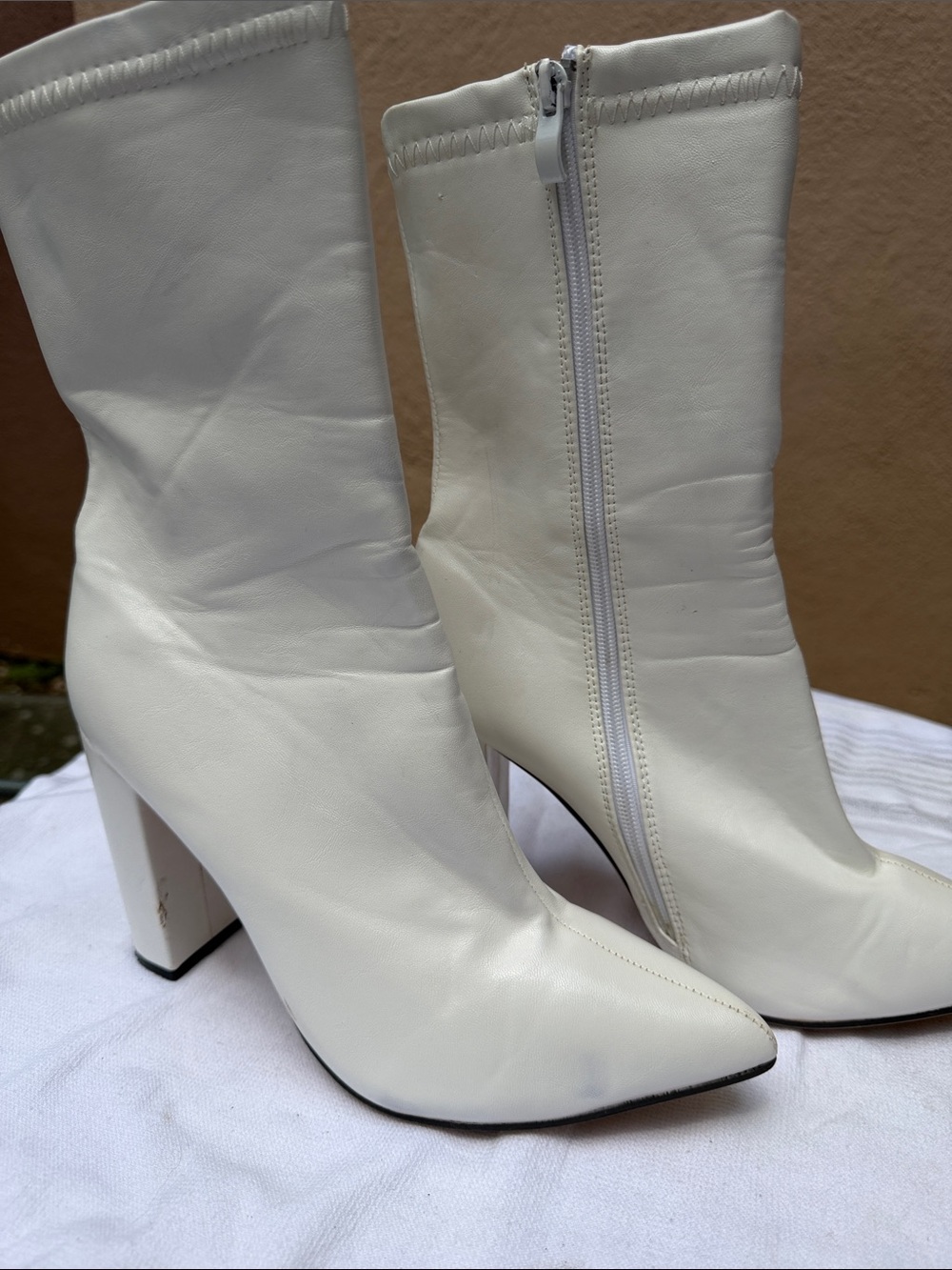 Fashion Nova White Pointed Toe Mid-Calf Block Heel Boots